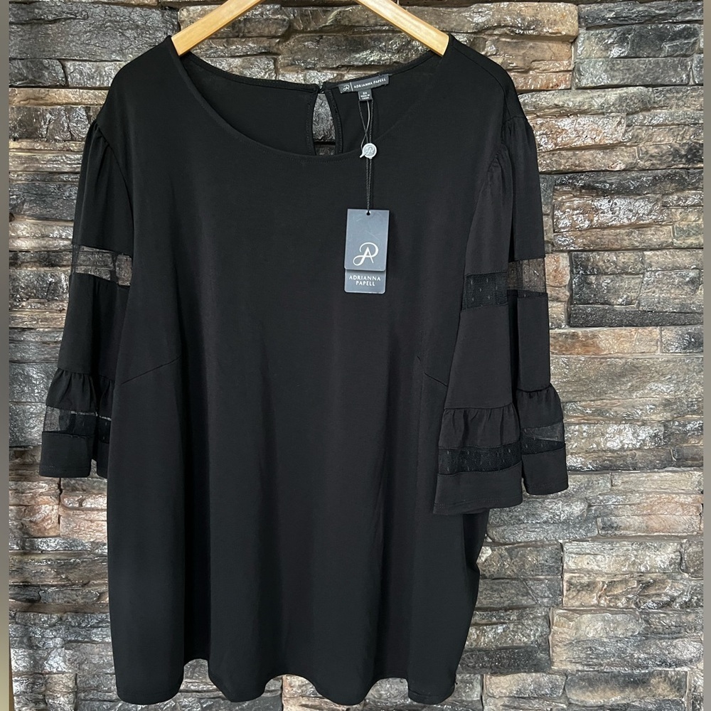 Adrianna Papell Black Blouse with Mesh Sleeve Details